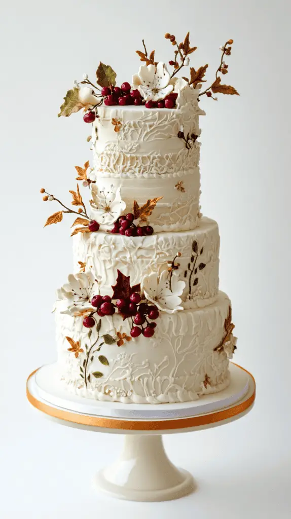 Rustic Norwegian wedding cake with rolled fondant bands resembling lefse wraps, filled with light cream