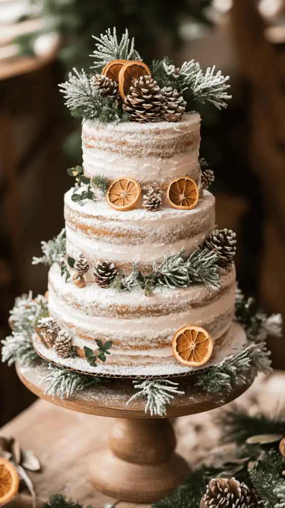 Rustic kransekake-style wedding cake with three-tier height, made of traditional almond rings, lightly dusted 