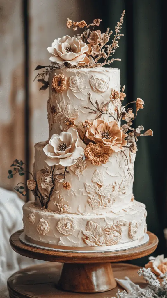 Elegant marzipan wedding cake with three tiers of almond sponge
