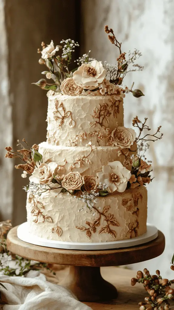 Elegant marzipan wedding cake with three tiers of almond sponge