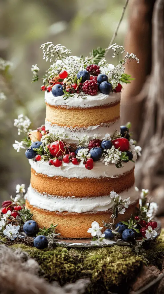 Rustic wedding cake with three almond sponge tiers covered in whipped cream