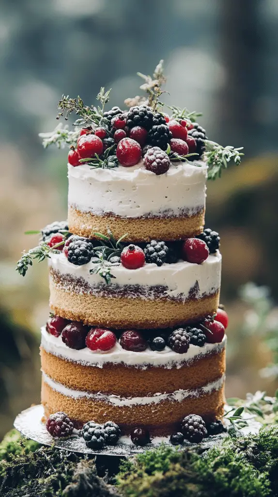 Rustic wedding cake with three almond sponge tiers covered in whipped cream