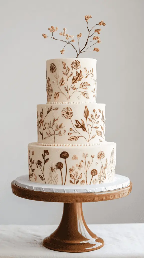 Rustic Norwegian wedding cake with rolled fondant bands resembling lefse wraps, filled with light cream