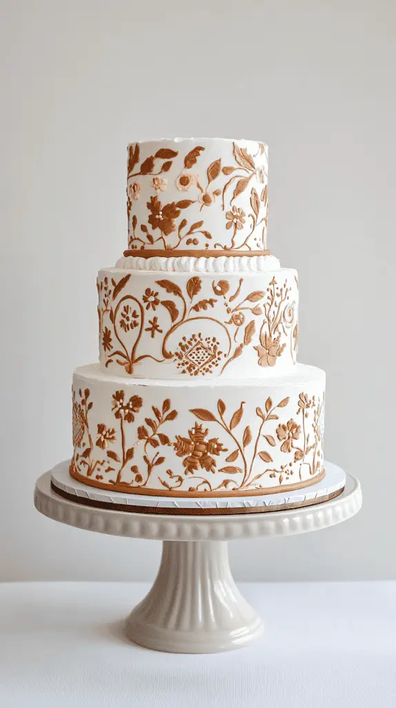 Rustic Norwegian wedding cake with rolled fondant bands resembling lefse wraps, filled with light cream