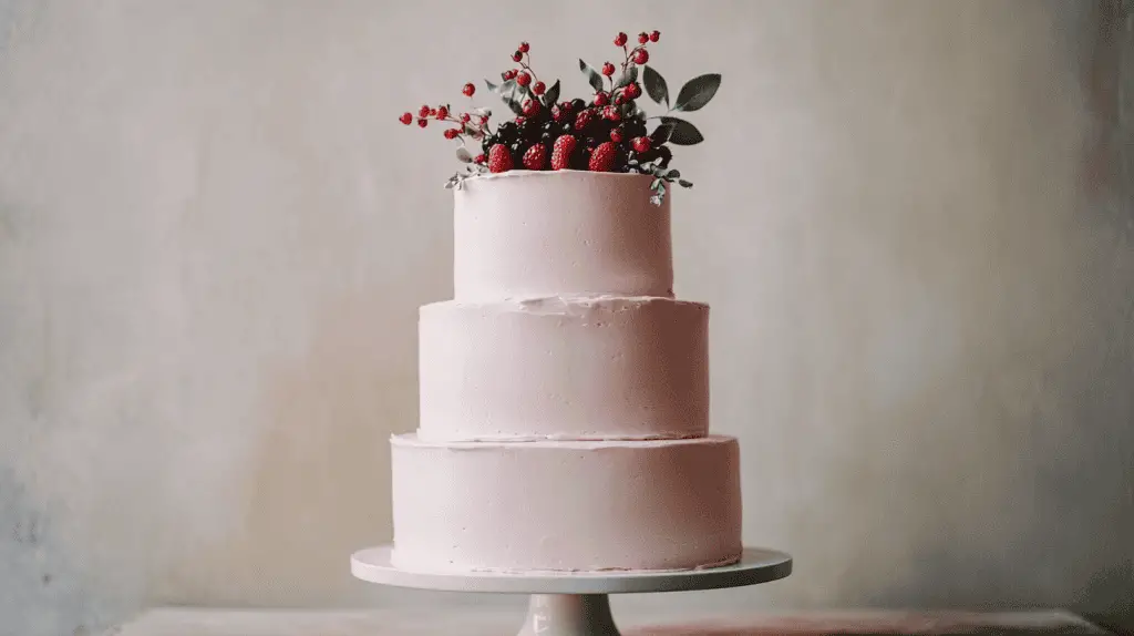 Scandinavian minimalist wedding cake featuring three clean tiers in soft pastel blush buttercream