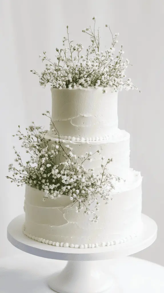Three-tier wedding cake with intricate white floral lace piping and fresh Norwegian wildflowers