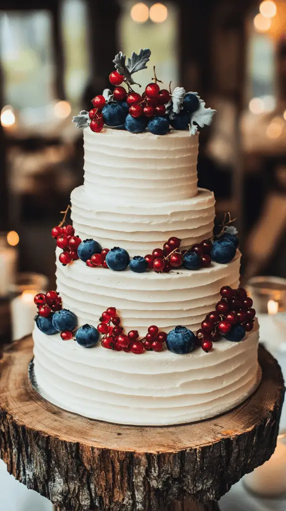 Rustic wedding cake with three almond sponge tiers covered in whipped cream