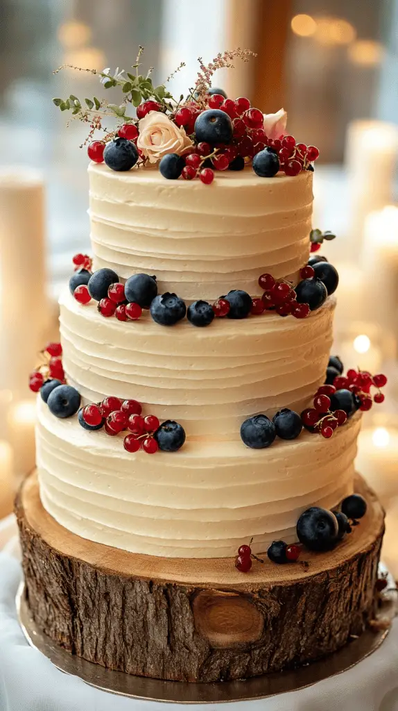 Rustic wedding cake with three almond sponge tiers covered in whipped cream