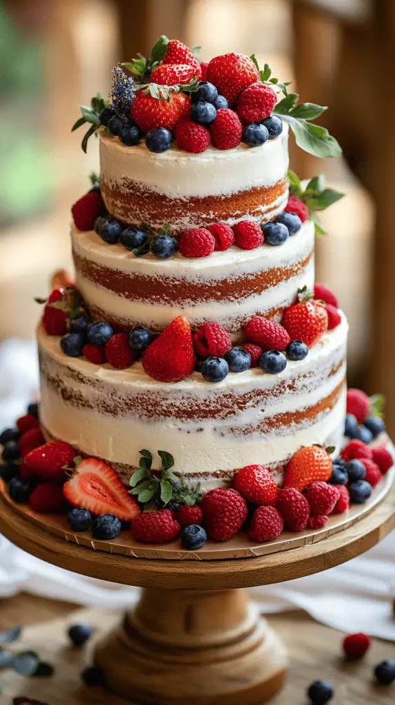 Rustic wedding cake with three almond sponge tiers covered in whipped cream