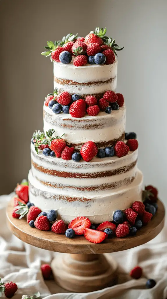Rustic wedding cake with three almond sponge tiers covered in whipped cream