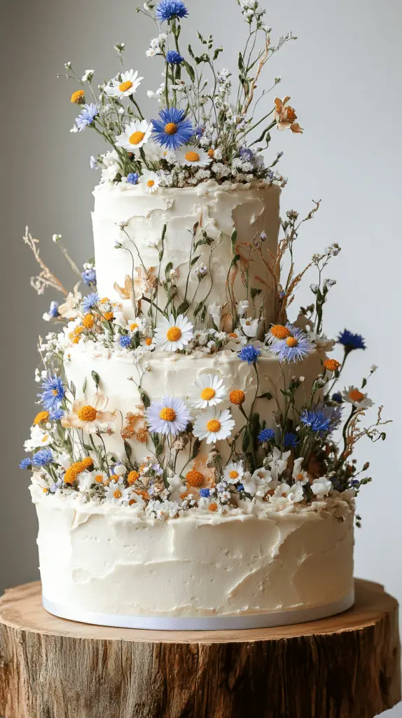 Three-tier wedding cake with intricate white floral lace piping and fresh Norwegian wildflowers