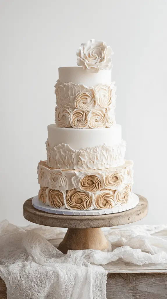 Rustic Norwegian wedding cake with rolled fondant bands resembling lefse wraps, filled with light cream