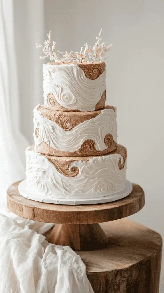 Rustic Norwegian wedding cake with rolled fondant bands resembling lefse wraps, filled with light cream