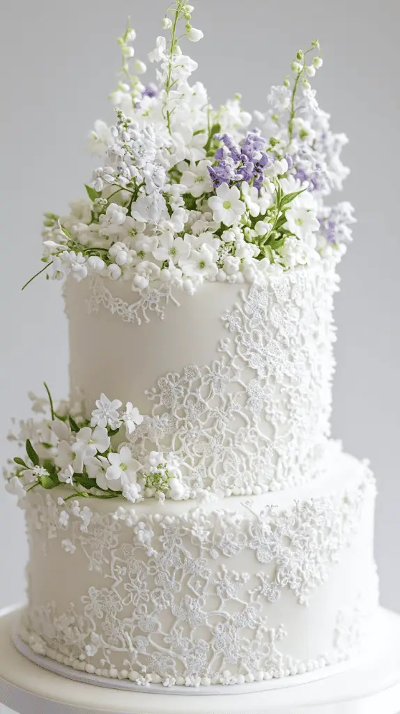 Three-tier wedding cake with intricate white floral lace piping and fresh Norwegian wildflowers