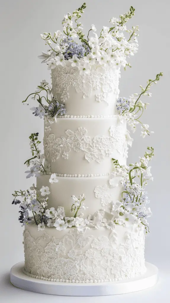 Three-tier wedding cake with intricate white floral lace piping and fresh Norwegian wildflowers