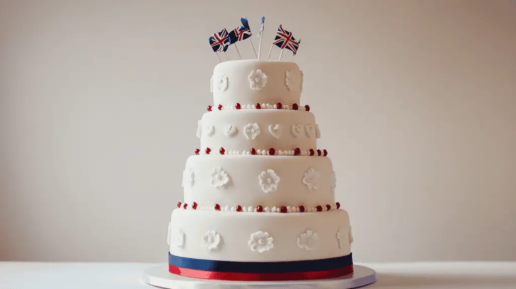 Three-tier wedding cake with white fondant and subtle red and blue accents, topped with miniature Norwegian flags