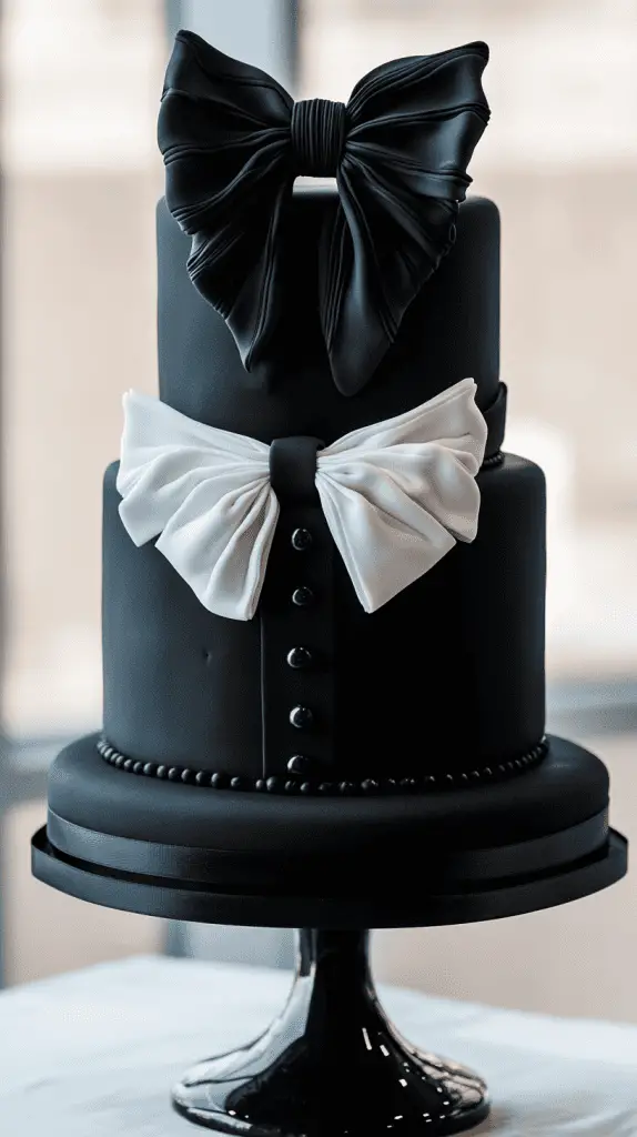 Avant-garde three-tier matte black cake with crisp white fondant collars designed like high-fashion uniform details