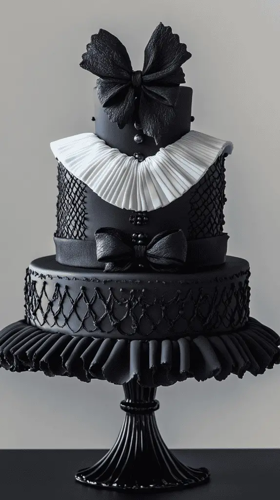 Avant-garde three-tier matte black cake with crisp white fondant collars designed like high-fashion uniform details