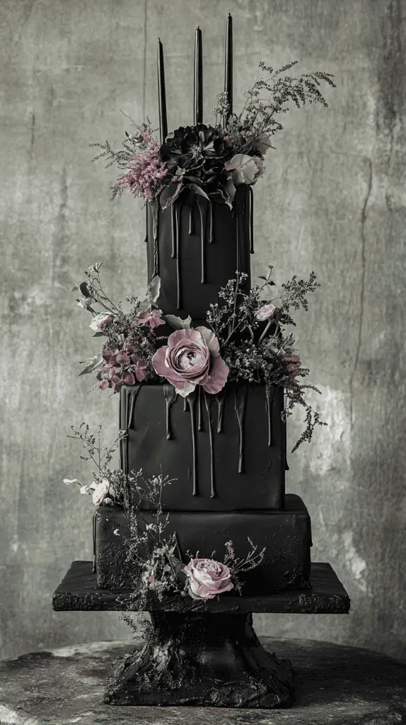 Elegant matte black tiered cake with sleek smooth finish, minimalist black ganache drips