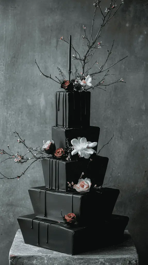 Elegant matte black tiered cake with sleek smooth finish, minimalist black ganache drips