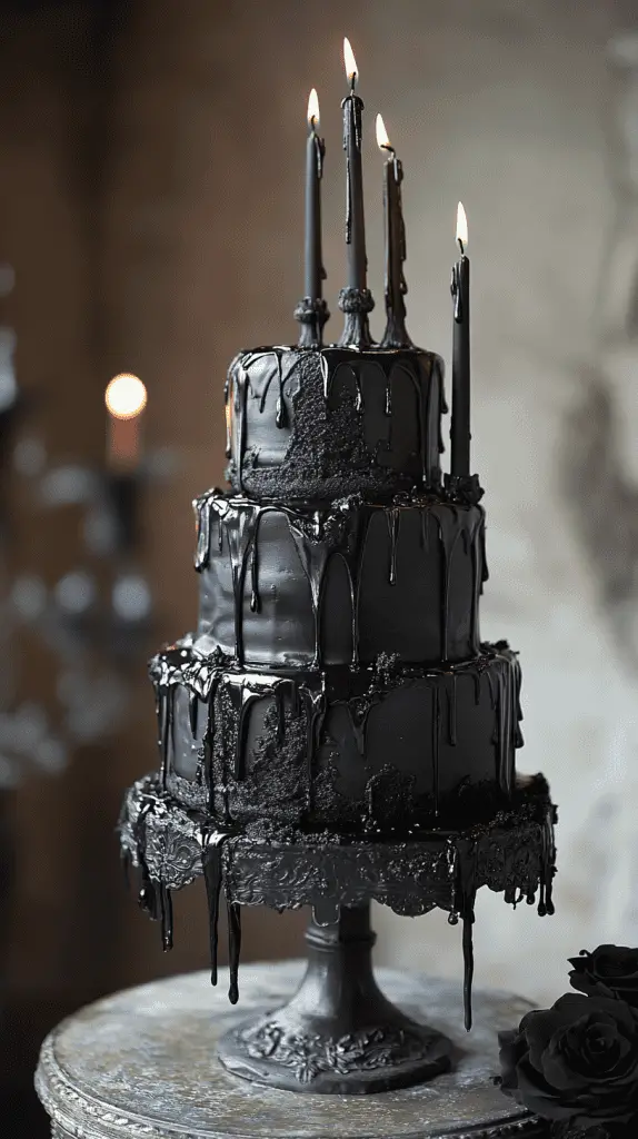 Elegant matte black tiered cake with sleek smooth finish, minimalist black ganache drips