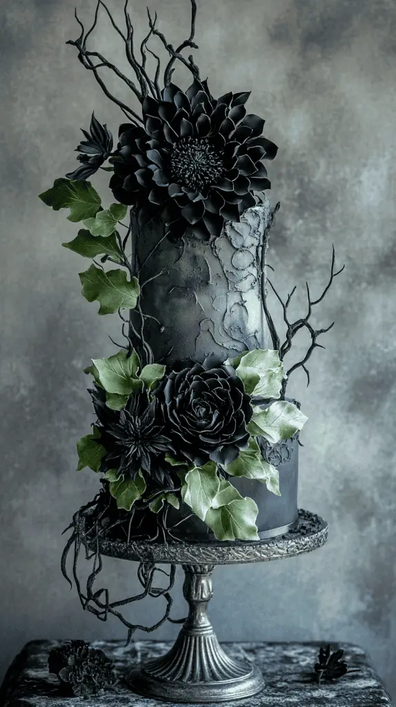 Gothic wedding cake adorned with black sugar roses, thorny vines wrapping around each tier