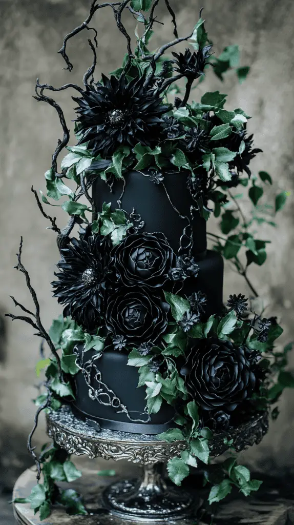 A three-tiered black cake inspired by Wednesday Addams wedding cakes, adorned with dark, dramatic flowers, leafy green vines, and twisting branches, displayed on an ornate silver stand against a blurred, rustic background.