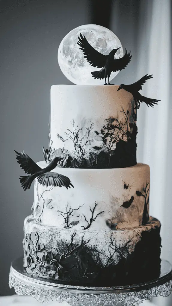 Dramatic cake with black ravens spreading wings against a luminous pearl-dusted full moon