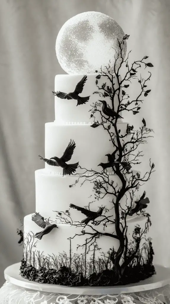 Dramatic cake with black ravens spreading wings against a luminous pearl-dusted full moon