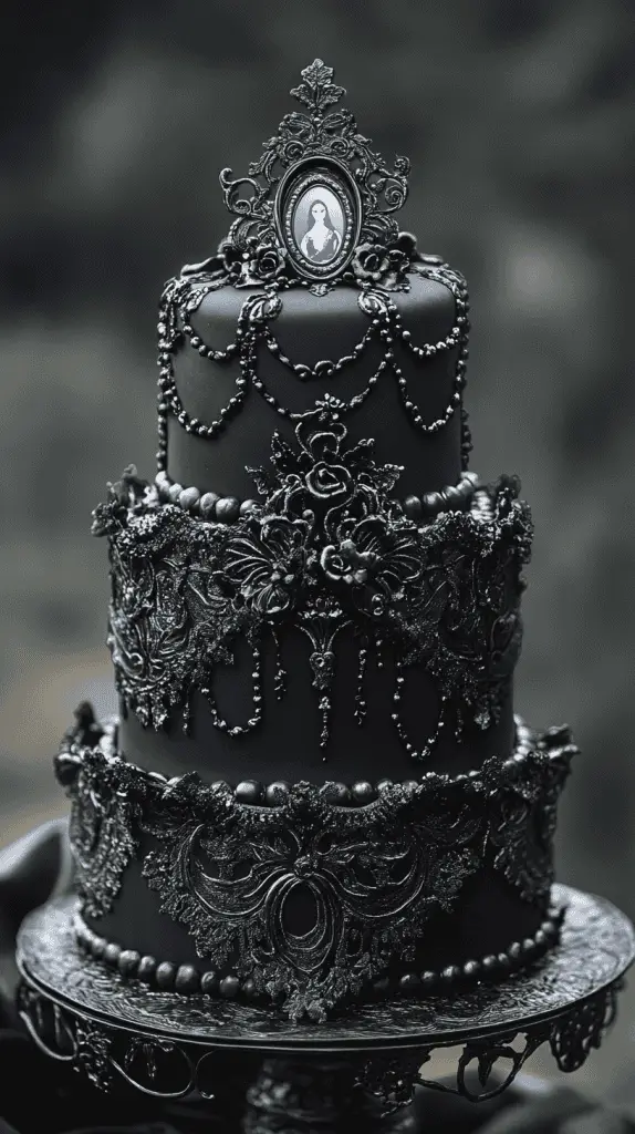Dramatic black velvet multi-tier cake, each layer showcasing unique lace piping patterns