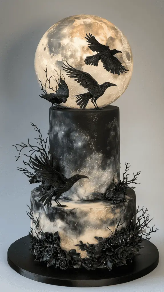 Dramatic cake with black ravens spreading wings against a luminous pearl-dusted full moon