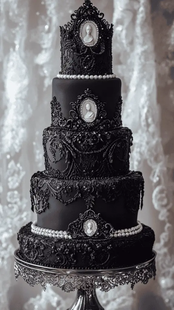 Dramatic black velvet multi-tier cake, each layer showcasing unique lace piping patterns