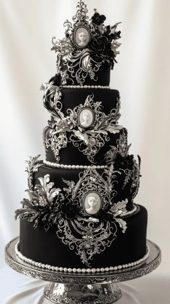 Dramatic black velvet multi-tier cake, each layer showcasing unique lace piping patterns
