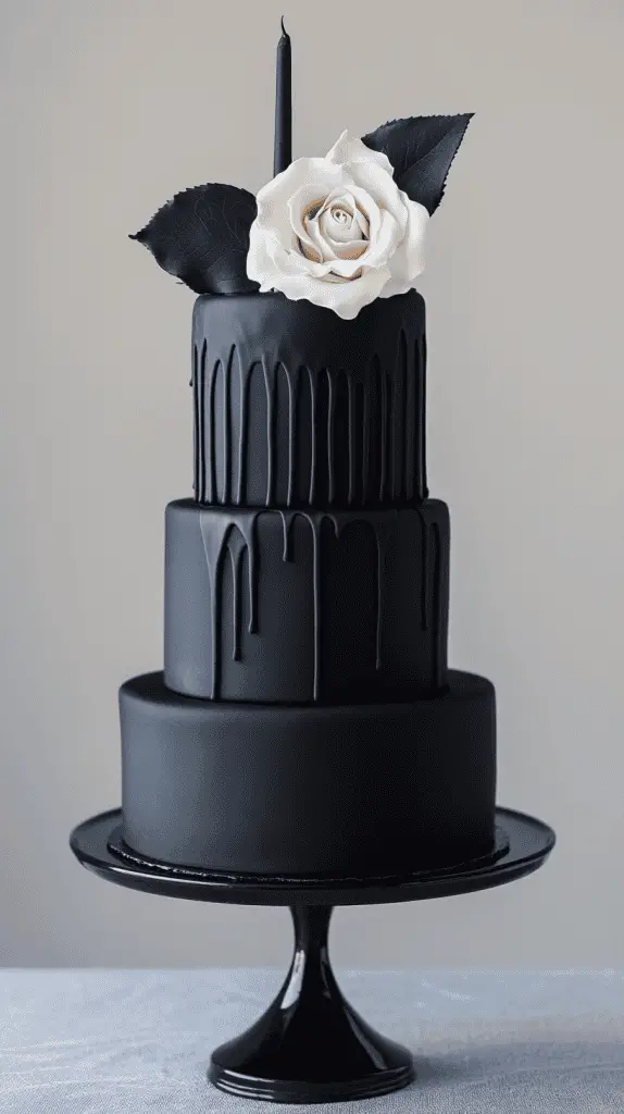 Elegant matte black tiered cake with sleek smooth finish, minimalist black ganache drips