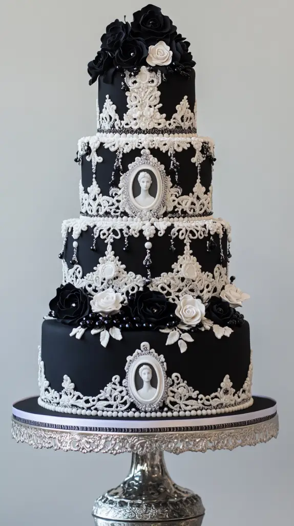 Dramatic black velvet multi-tier cake, each layer showcasing unique lace piping patterns