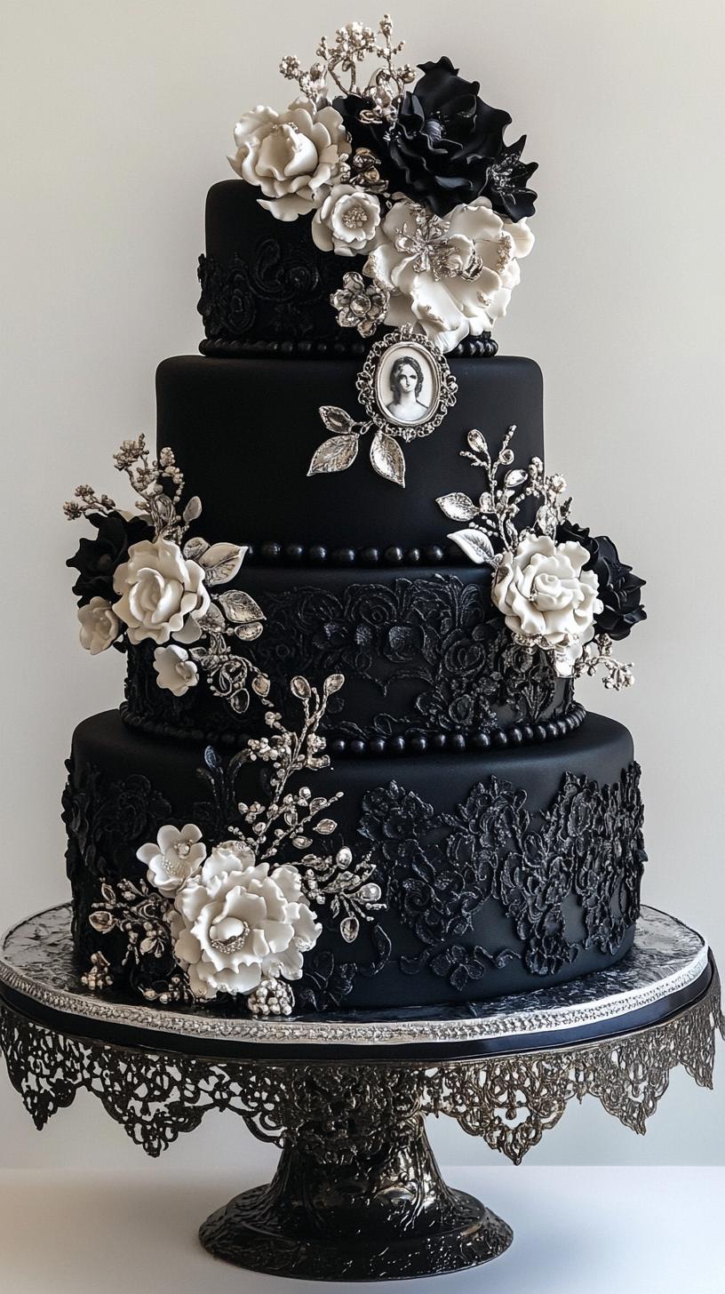 Dramatic black velvet multi-tier cake, each layer showcasing unique lace piping patterns