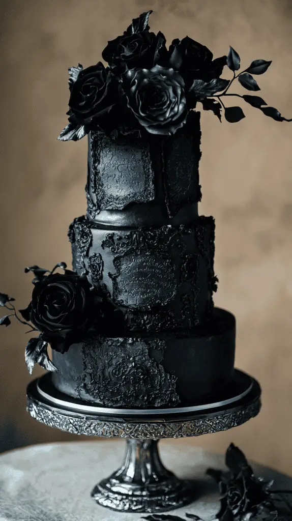 Three-tier gothic wedding cake wrapped in edible rice paper aged with vintage effects