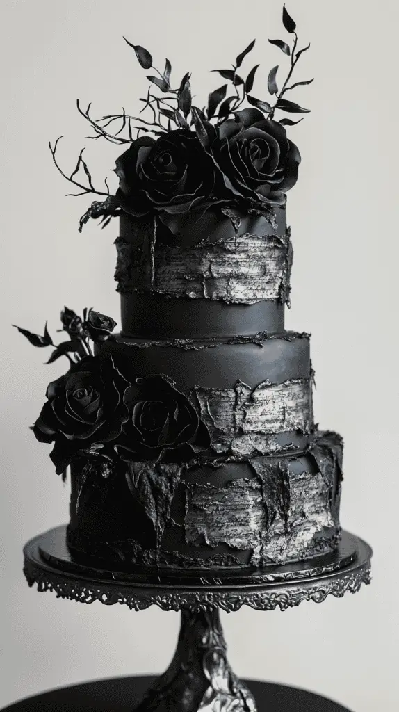 A three-tiered black cake, inspired by Wednesday Addams, decorated with silver accents and adorned with black roses and foliage, displayed on an ornate metal cake stand—perfect for unique wedding cakes or dark cake ideas.