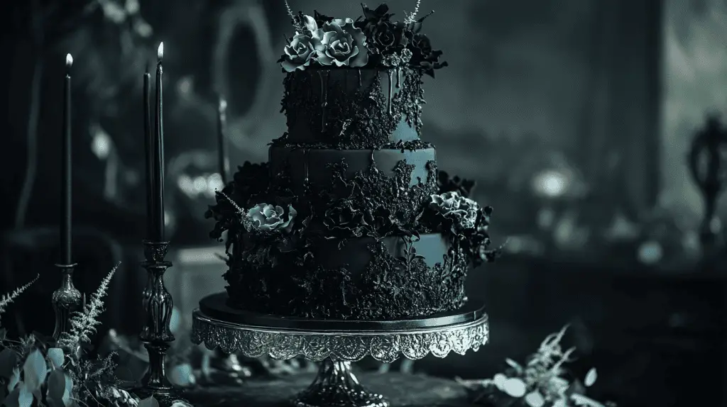 Full three-tier gothic wedding cake shown entirely in frame, matte black buttercream with emerald green mint accents, delicate silver piping, cut slice reveals rich chocolate mint layers with dark ganache