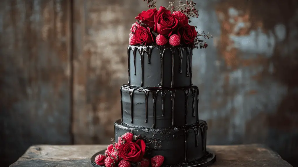 Full three-tier matte black dark chocolate wedding cake shown entirely in frame, layered with rich raspberry preserves, glossy chocolate ganache drips, topped with fresh raspberries and deep red roses