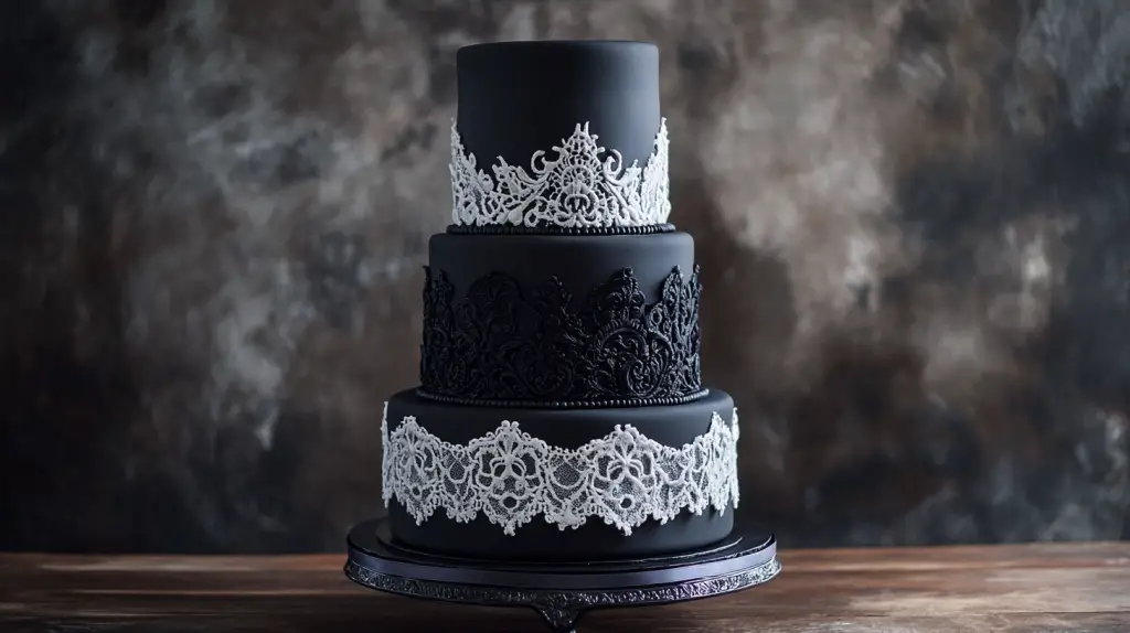 Full three-tier matte black fondant cake shown entirely in frame, delicate white edible lace overlays wrapping each tier