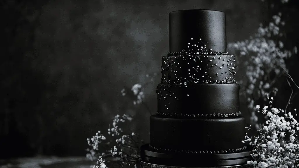 Full three-tier sleek matte black espresso wedding cake shown entirely in frame, smooth buttercream finish with subtle white piping details