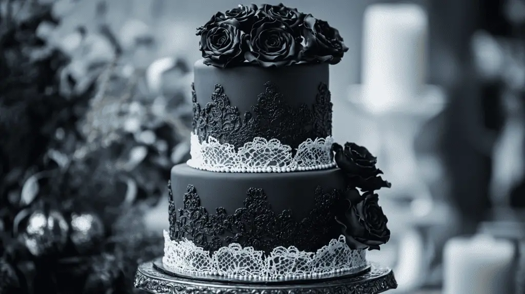 Full three-tier wedding cake shown entirely in frame, matte black fondant base with intricate white Victorian lace