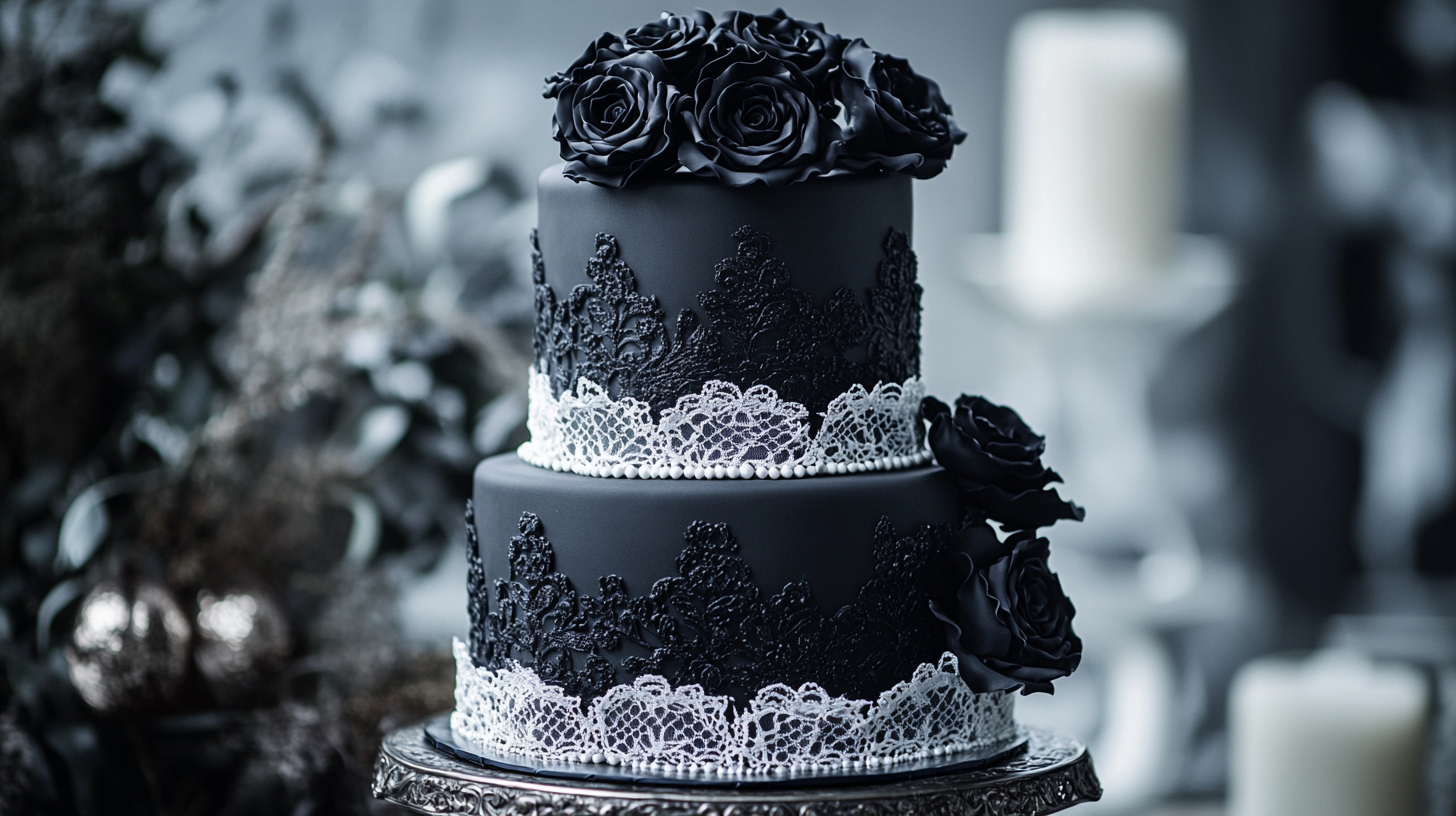 Three-tier matte black wedding cake with intricate lace piping, sugar pearls, and subtle white fondant contrasts