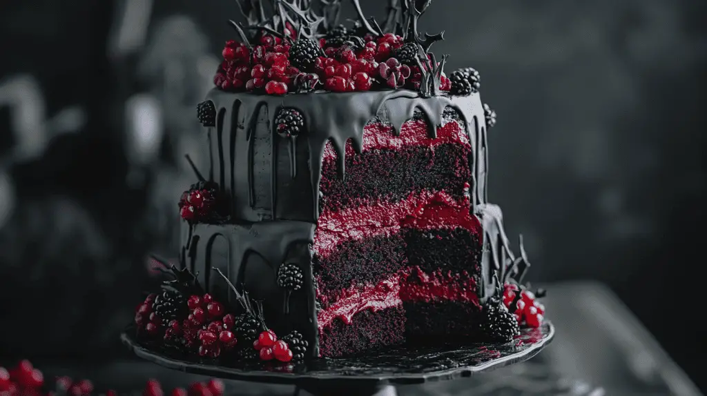 Full three-tier wedding cake shown entirely in frame, deep matte black buttercream exterior with sharp edges