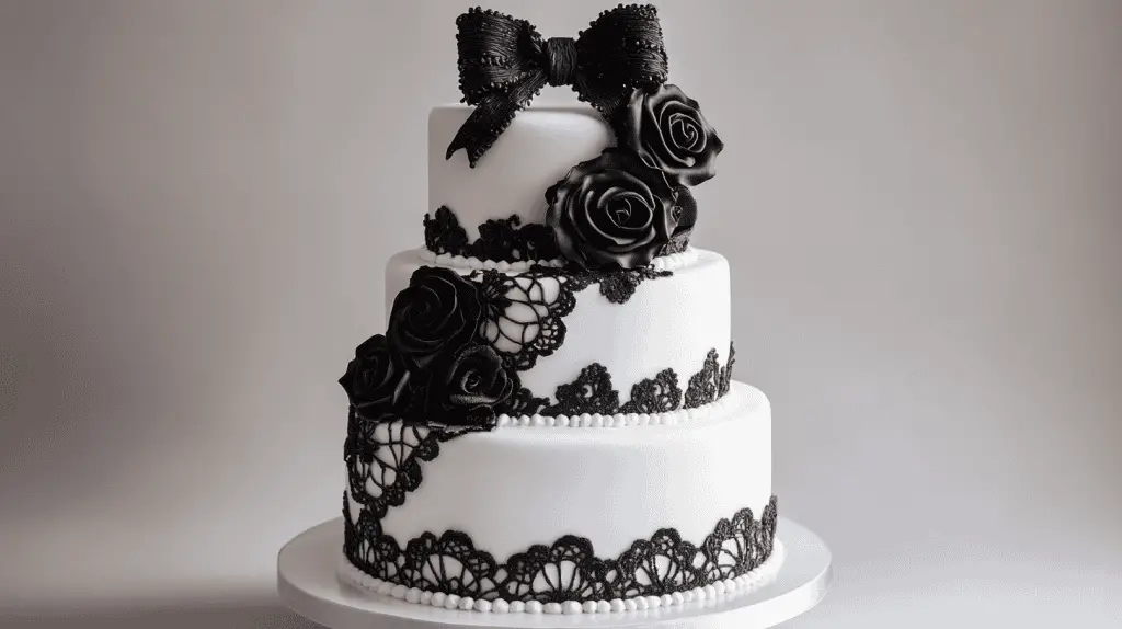 Full three-tier white fondant cake shown entirely in frame, bold black braided fondant bow as topper