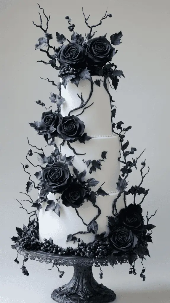 Gothic wedding cake adorned with black sugar roses, thorny vines wrapping around each tier