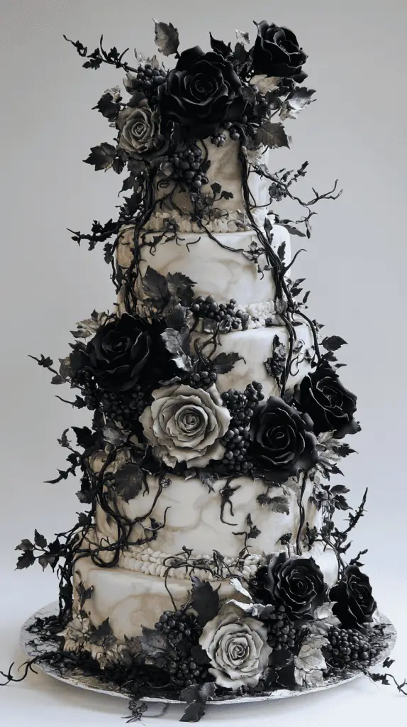 Gothic wedding cake adorned with black sugar roses, thorny vines wrapping around each tier