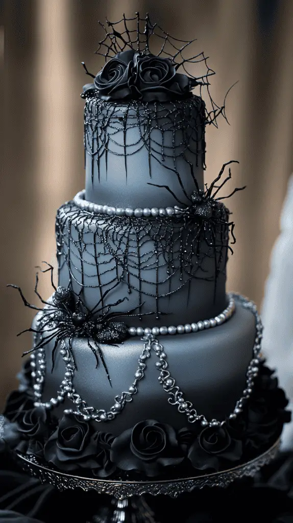 Whimsical wedding cake featuring delicate overlapping spiderwebs in royal icing, glowing silver brushed effects