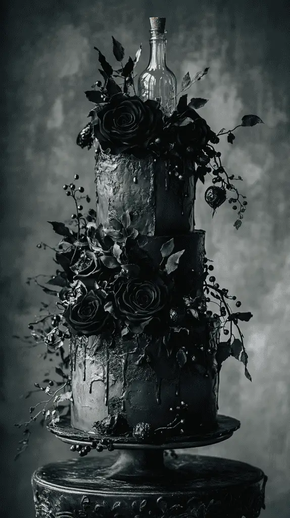 Gothic wedding cake adorned with black sugar roses, thorny vines wrapping around each tier